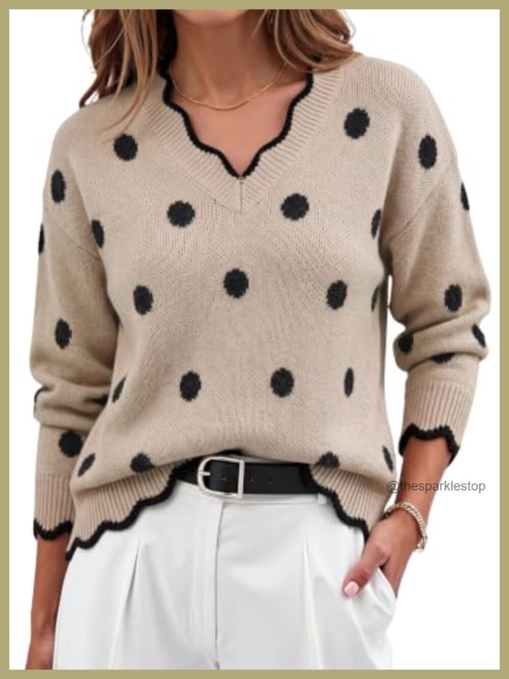 Women's Fuzzy Knit V-Neck Scalloped Trim Sweater Pullover Fall